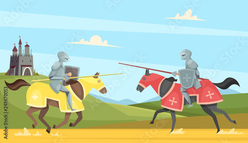 Knights tournament. Medieval chivalry prince in brutal armour helmet warriors on horse vector cartoon background. Chivalry warrior on horse, tournament medieval illustration