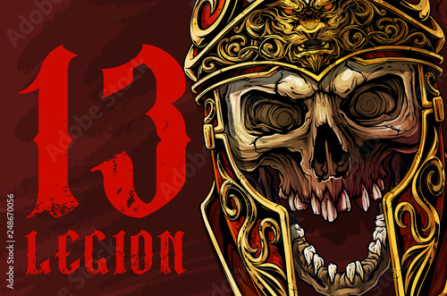 Detailed graphic realistic human skull in ancient metal roman warrior helmet with golden lion face. On red background. Vector icon.
