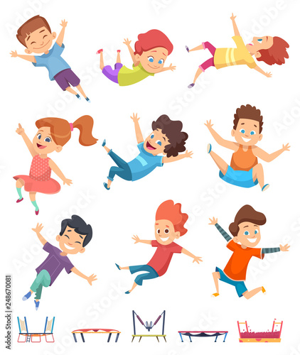 Kids jumping. Trampoline childrens athletic playing on playground active games vector cartoon people. Illustration of sport trampoline for kids, jump and fun