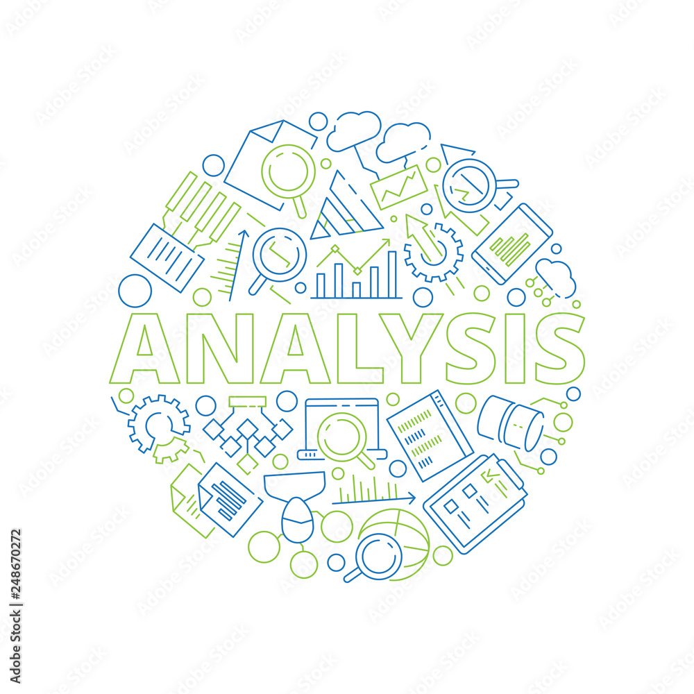 Data management concept. Data analysis symbols in circle shape business strategy graphics vector thin icon collection. Illustration of optimization and development analysis icon on form circle