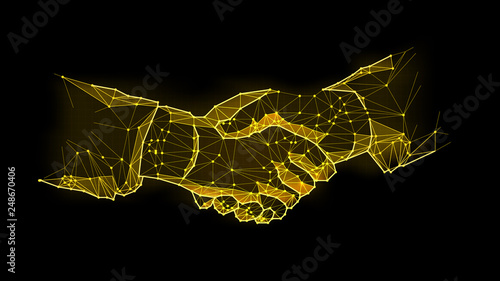 Abstract virtual Hand shake the circle interface on green cyberspace background with low-poly, polygon and triangle. Wireframe light connection structure vector