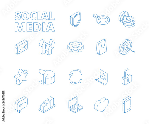3D social media. Marketing isometric thin line business icon website symbols mail stars news message button vector. Illustration of social media 3d line icons
