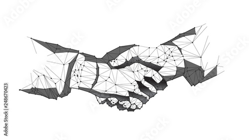 Abstract virtual Hand shake the circle interface on green cyberspace background with low-poly, polygon and triangle. Wireframe light connection structure vector