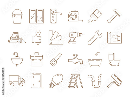 Home repair icons. Construction building engineer supplies service vector set of thin line symbols. Building construction repair icons collection illustration