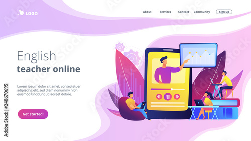 Students watching online training video with teacher and chart on tablet. Online teaching, share your knowledge, english teacher online concept. Website vibrant violet landing web page template.