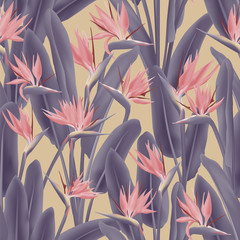 Fototapete Tropische Paradiesblumen-Muster Strelitzia Vektormuster für Textildesign  © SunwArt