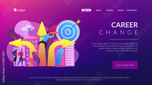 Business people and empolyee choosing new career direction arrow with target. Career change, alternative career, retraining for a new job concept. Website vibrant violet landing web page template.