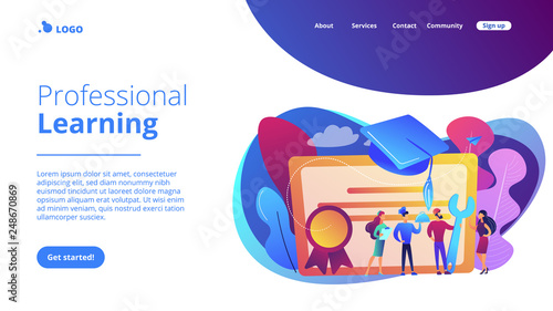 Vocational specialists graduating and diploma with graduation cap. Vocational education  professional learning  online vocational education concept. Website vibrant violet landing web page template.