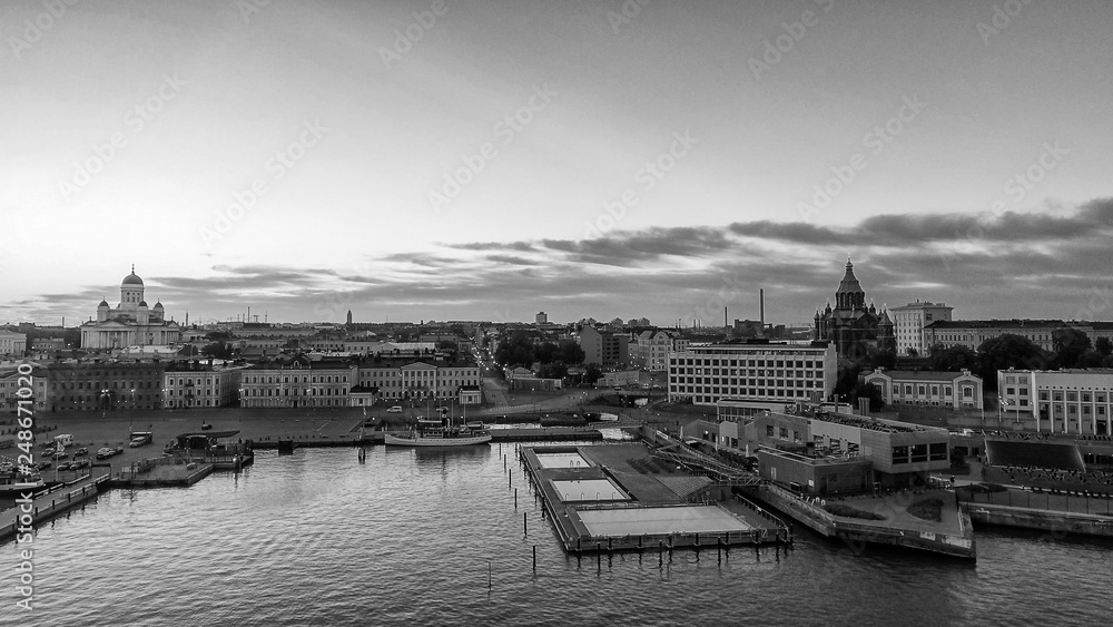 Sunset panoramic aerial view of Helsinki skyline from city port, Finland