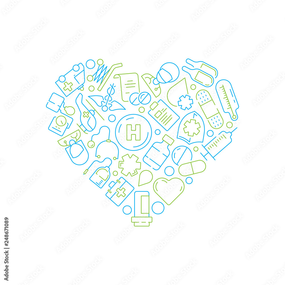 Health symbols. Medicine icon doctor pills drugs in circle shape healthcare concept vector background. Illustration of heart shape, medical pharmacy, health cure and drug, pharmaceutical