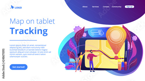 Parents looking at school bus location pin and map on tablet. Child tracking system, school bus route, child safety, security concious parents concept, violet palette. Website landing web page.