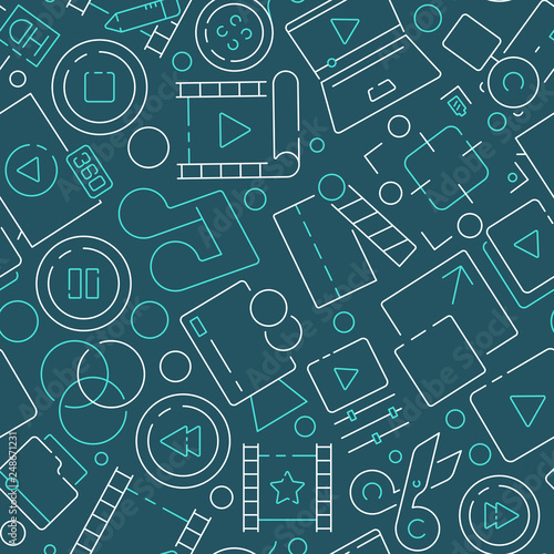 Movie pattern. Editing film production cinema symbols entertainment industry tv show studio multimedia items vector seamless background. Illustration of media and video film, camera and clapper