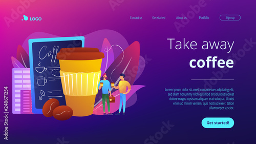 Businessmen drinking take away coffee at huge paper coffee cup and beans. Take away coffee, on the go drink, take away business concept. Website vibrant violet landing web page template.