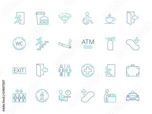 Public symbols. Navigate pictogram disabled toilet wifi bathroom vector public icon collection. Airport icon service, swaddle and taxi, luggage and cafe illustration