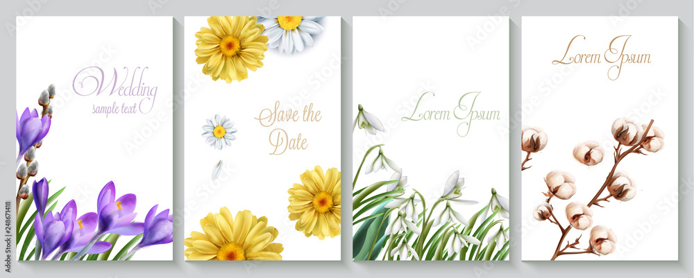 Vector Vertical wedding invitation card set with crocus, daisy, cotton flowers and snowdrops. Save the date botany design for ceremony, cosmetics brochure, beauty spring templates