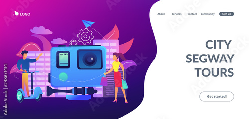 Businessman riding segway on the city tour, shopper and action camera. City segway tours, modern urban tourism, city tourist excursion concept. Website vibrant violet landing web page template.