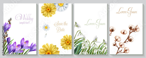 Vector Vertical wedding invitation card set with crocus, daisy, cotton flowers and snowdrops. Save the date botany design for ceremony, cosmetics brochure, beauty spring templates