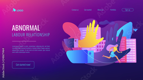 Big male hands pursuing and harrased female victim running away. Sexual harassment, sexulal bullying, abnormal labour relationship concept. Website vibrant violet landing web page template.