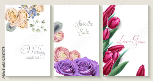 Vector Vertical wedding invitation card set with roses and tulip flowers. Sav...