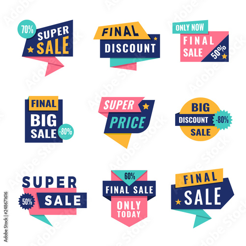 Promo badges. Offers big discount labels for advertising vector template with place for text. Illustration of discount offer, promo banner advertising
