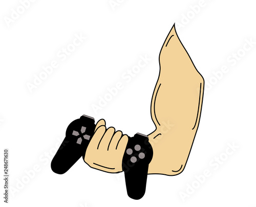 Training for e-sport, concept. Muscular arm lifting video games controller as if it were a weight. Vector or illustration.