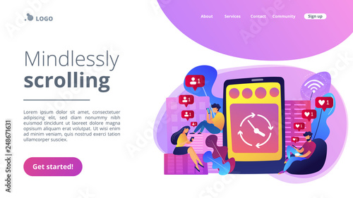 Business people scrolling through newsfeeds, smartphone with clock. Mindlessly scrolling, clicking on applications, social media addiction concept. Website vibrant violet landing web page template.
