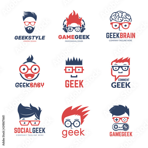 Geek logo. Business identity of smart programmers thinking nerd computer education vector design template. Programmer geek and smart nerd illustration photo