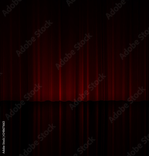 Theater stage with red curtain and reflective floor. 3D vector. High detailed realistic illustration