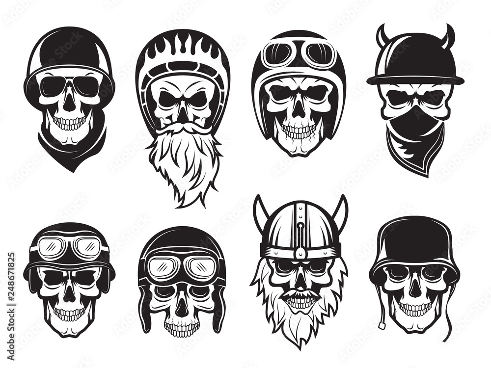 Skull bandana helmet. Bikers rock symbols tattoo vector black pictures.  Illustration of rock biker skull, set of tattoo vintage drawing Stock  Vector | Adobe Stock