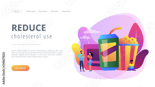 Business people eating hamburgers and drinking soft drinks near huge junk food. Snacking non-stop, junk food eating, reduce cholesterol use concept. Website vibrant violet landing web page template.