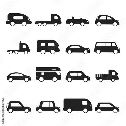 Car silhouettes icon. Type of transport minivan truck suv micro van vector black symbols. Auto hatchback silhouette, off-road minivan illustration