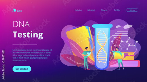 Scientists with folder and clipboard working with huge DNA in test tube. Genetic testing, DNA testing, genetic diagnosis concept on white background. Website vibrant violet landing web page template.