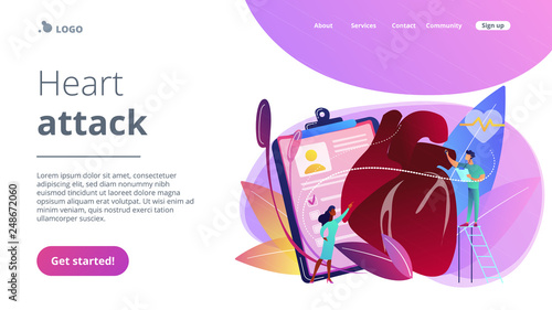 Doctor with stethoscope listening to huge heart beat. Ischemic heart disease, heart disease and coronary artery disease concept on white background. Website vibrant violet landing web page template.