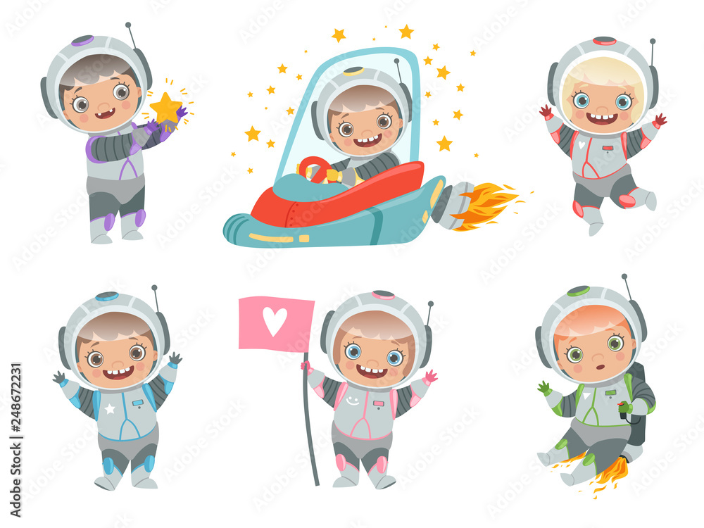 Kids astronauts. Children funny characters in space suit spaceman vector mascots. Astronaut space, spaceship and cosmonaut in suit, children spaceman illustration Kids astronauts. Children funny characters in space suit spaceman vector mascots. Astronaut space, spaceship and cosmonaut in suit, children spaceman illustration
