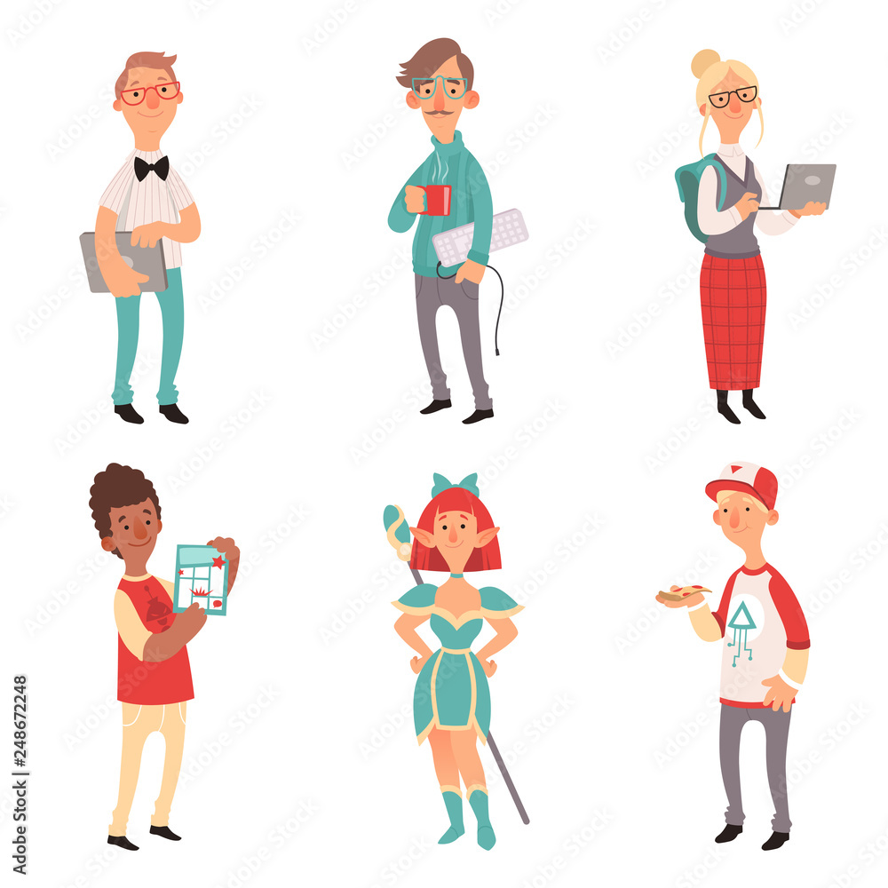 Geek characters. Girl and boys nerd computer technology lovers vector cartoon mascot. Illustration of nerd, and geek, boy and girl