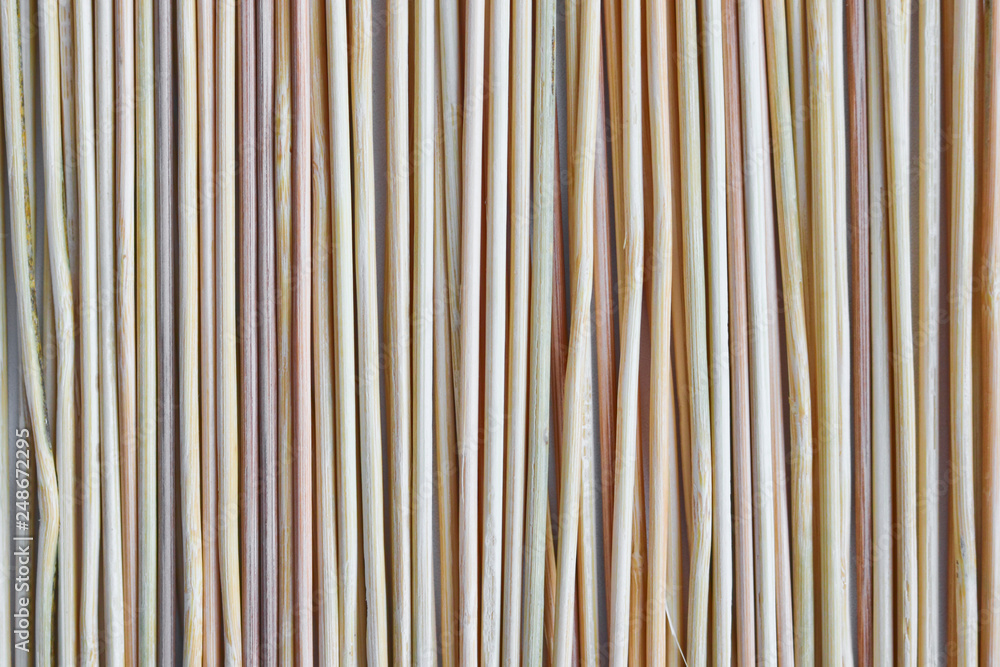 Obraz premium Bamboo sticks skewers for roasting meat and fish. The texture of wooden sticks. Wood background concept