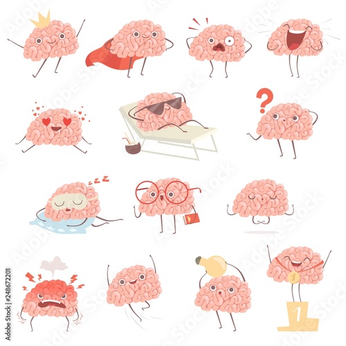 Brain cartoon. Happy cartoon mascot in action poses walking sleeping making exercises vector illustrations. Mascot brain funny and happy