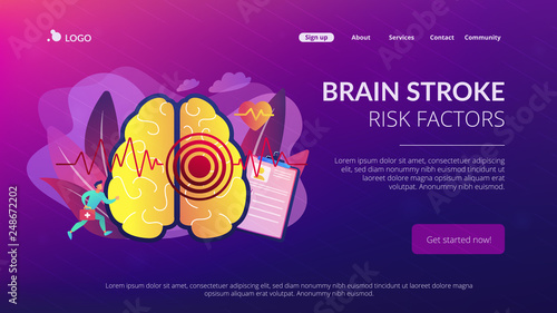 Huge brain with red circles pain epicenter and doctor running. Stroke and headache, oxygen-deprived brain and first aid concept on white background. Website vibrant violet landing web page template.
