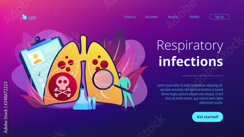 Doctor with magnifier and lungs with skull and crossbones. Lower respiratory infections, pneumonia, lungs infection concept on white background. Website vibrant violet landing web page template.
