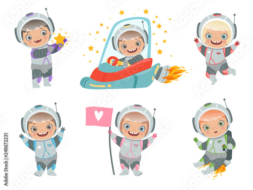 Kids astronauts. Children funny characters in space suit spaceman vector mascots. Astronaut space, spaceship and cosmonaut in suit, children spaceman illustration