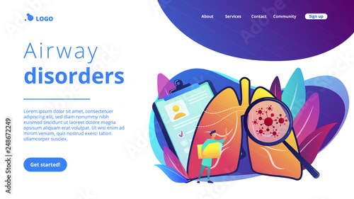 Huge magnifier showing cancer in the lungs and doctor with document folder. Lung cancer, trachea and bronchus concept on white background. Website vibrant violet landing web page template.