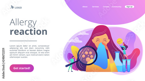 Female patient sneezing, taking a pill from doctor and allergen under magnifier. Allergic diseases, allergy reaction, antihistamines therapy concept. Website vibrant violet landing web page template.