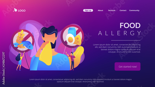 Man having food allergy symptoms to products like fish, milk and eggs. Food allergy, food alergen ingredient, allergy risk factor concept. Website vibrant violet landing web page template.