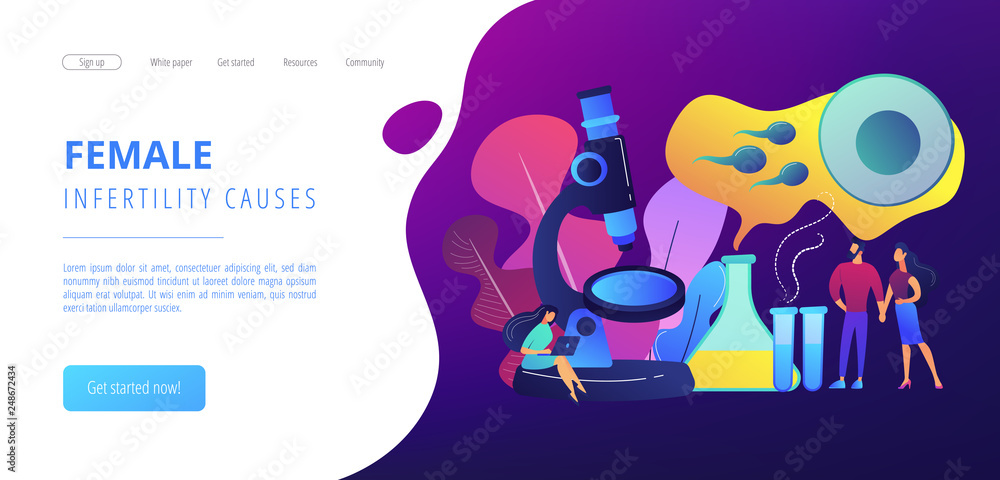 Scientist on microscope working on infertility treatment for couple. Infertility, female infertility causes, sterility medical treatment concept. Website vibrant violet landing web page template.