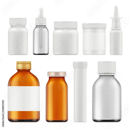 Pharmaceutical white bottles. Blank medicament supplement box or packages realistic white empty vector containers. Container realistic, package plastic bottle illustration