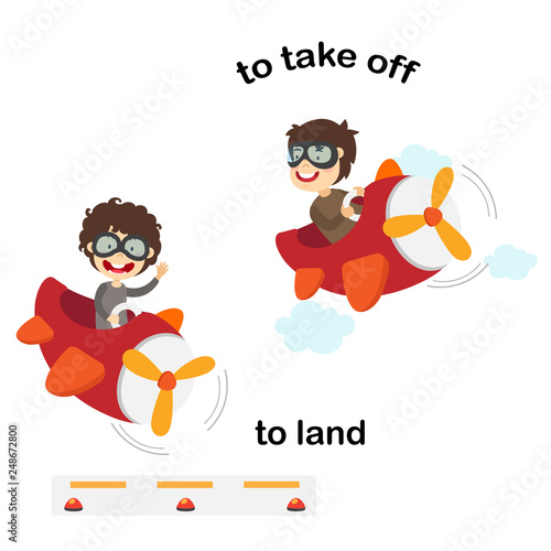 Opposite words to land and to take off vector illustration