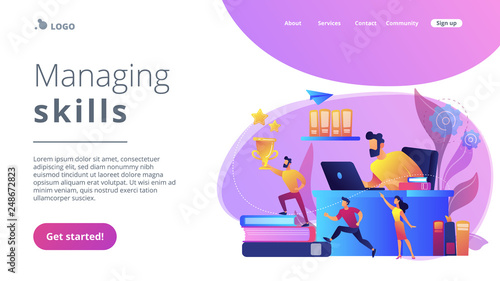 Businessman at laptop and leader runs up on books with trophy and his team. Business leadership, managing skills, leadership training plan concept. Website vibrant violet landing web page template.
