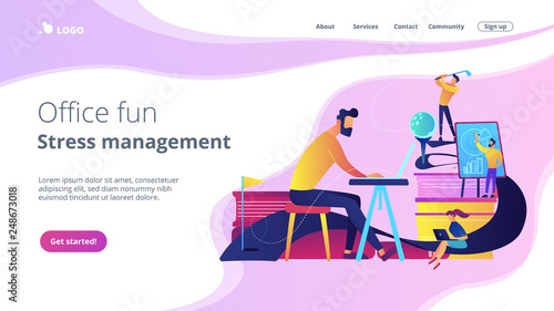 People in office working at the laptop, running presentation and playing golf as a concept of break, office fun, games and stress management. Violet palette. Website landing web page template.