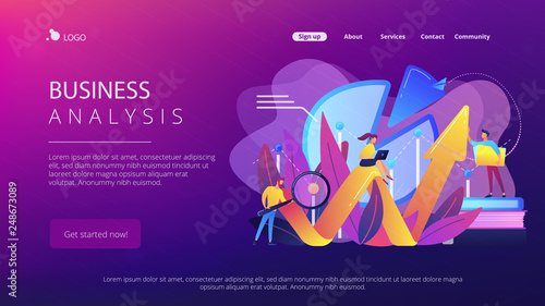 People recording analytics data of the IT project identifying business needs and determining solutions to business problems. Business analysis IT concept. Website landing web page template.