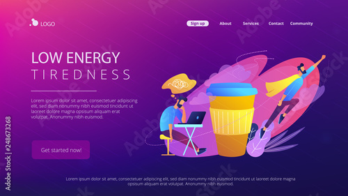 A man sitting tired at the desk and another flying full of energy after cup of coffee. Coffee break, low energy, tiredness, energizing concept, violet palette. Website landing web page template.